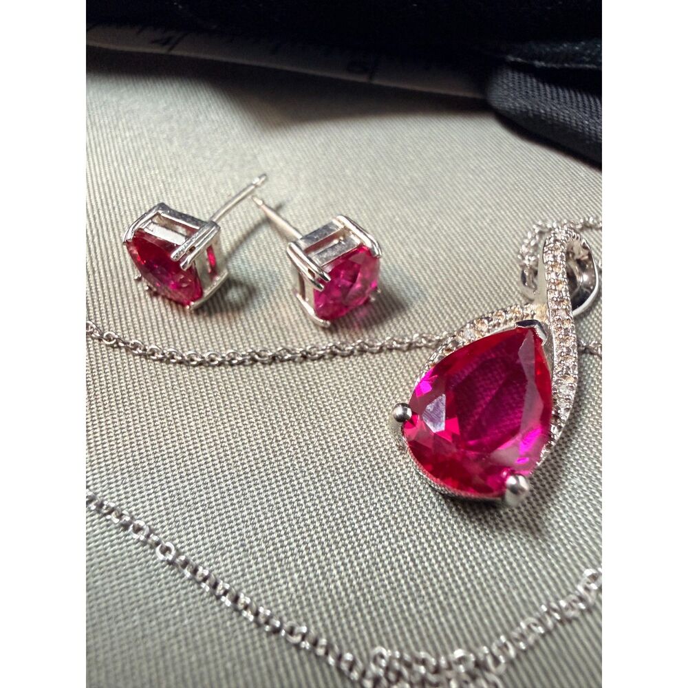 Vintage BSI Italy Sterling Silver Infinity Teardrop Ruby Necklace & Earrings Set